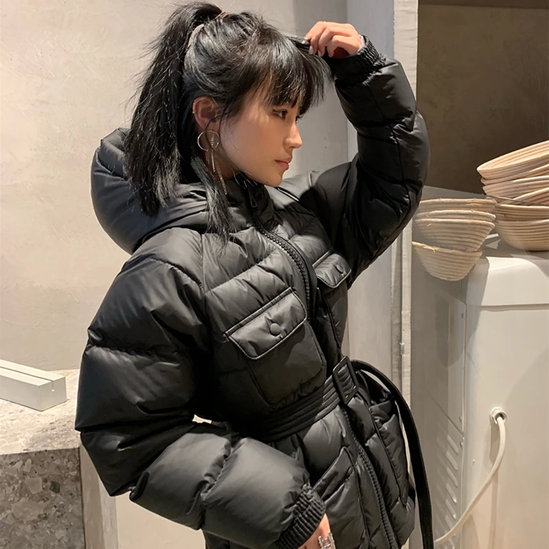 Новое зимнее пальто женское осеннее пуховое модные куртки с поясом на шнуровке