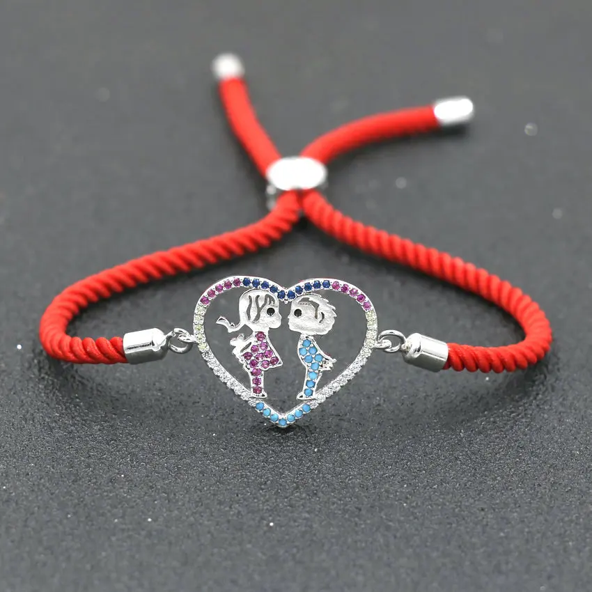 Романтический браслет для пары серебристый циркониевый любящее сердце