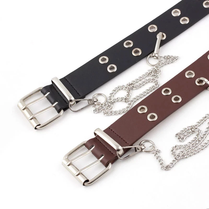 

Fashion Harajuku Women Punk Chain Belt Adjustable Black Double/Single Eyelet Grommet Metal Buckle Leather Waistband For Jeans