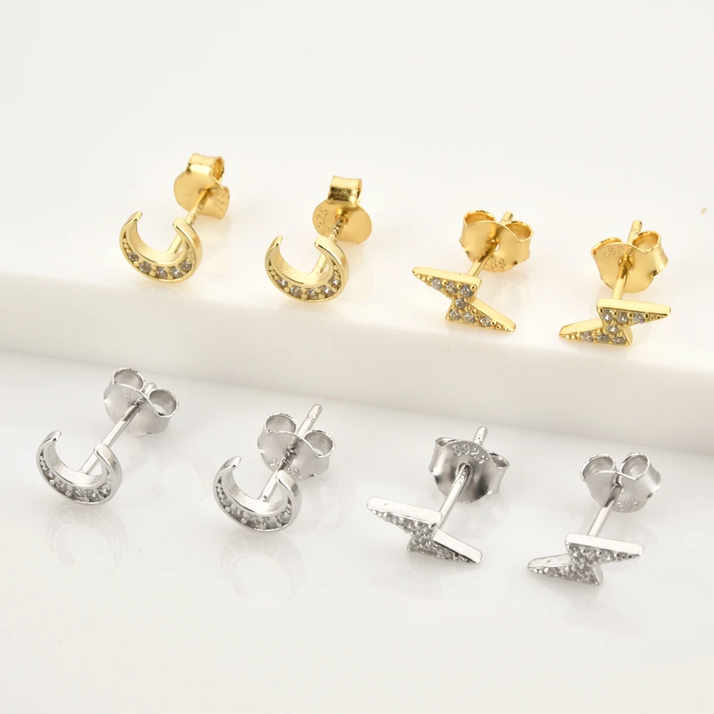 

925 Sterling Silver Gold Star Moon Stud Piercing Earring Women Fashion Crystal Luxury Jewellry Pendiente Clips