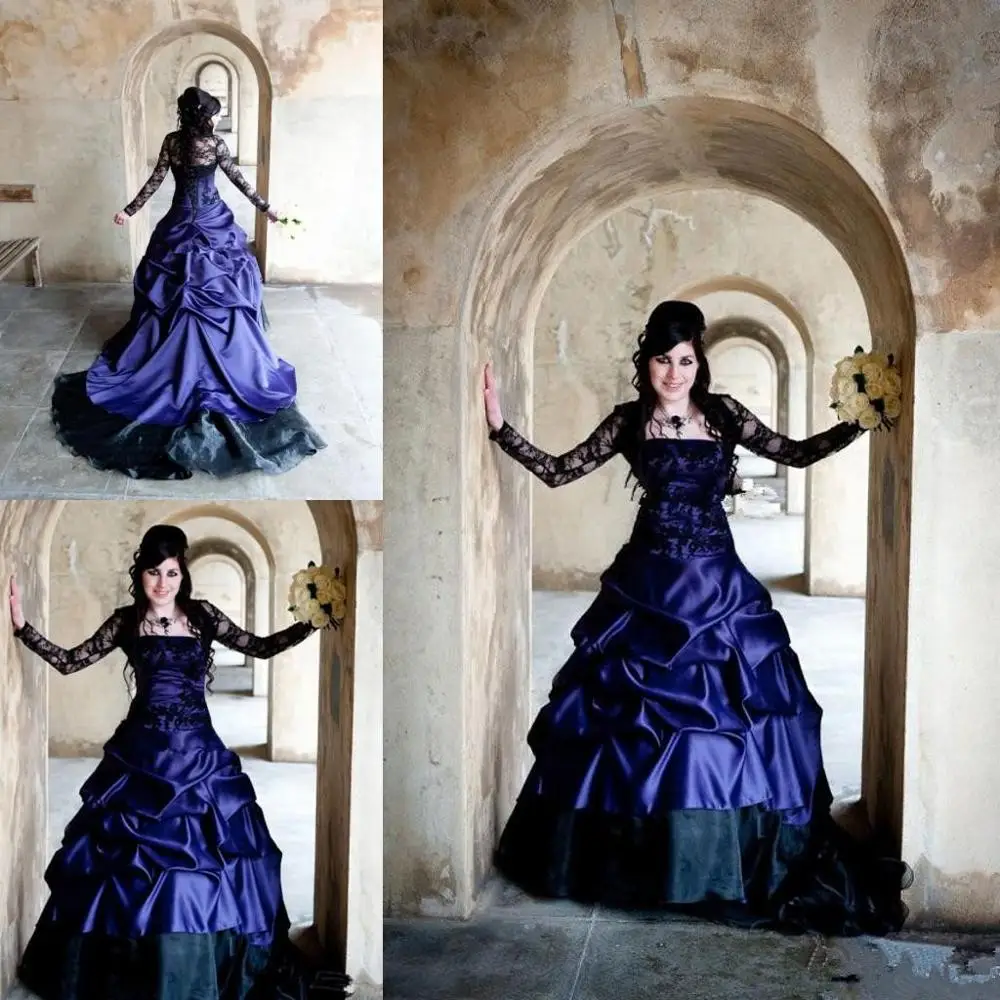 

Victorian Gothic Plus Size Long Sleeve Wedding Dresses Purple and Black Ruffles Satin Vintage Corset Strapless Lace Bridal gown