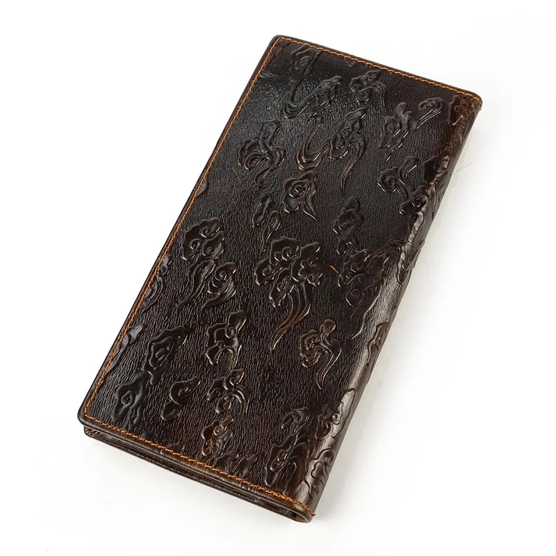 Мужской винтажный кошелек из натуральной кожи с драконом коричневый Длинный