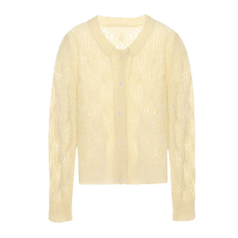

Hollow Out Cardigan Women Casual Long Sleeve Single Breasted Sweater Thin Coat Korean Style Soft Knitwear Jacket Chic Tops 2021