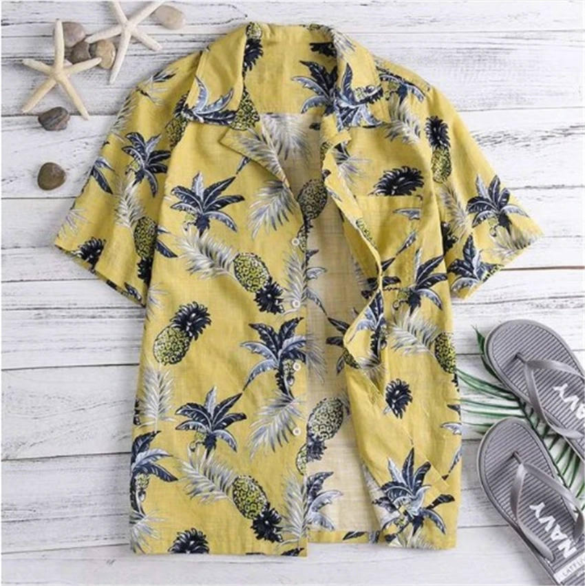 Summer Man Shirt Short Sleeve Men Pineapple Print Shirts 2020 New Top Stand Collar Cotton Loose Hawaiian | Мужская одежда