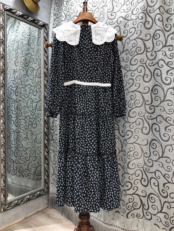 

2020 autumn and winter new women's round neck water soluble color matching ruffled neckline floral long sleeve dress 1008