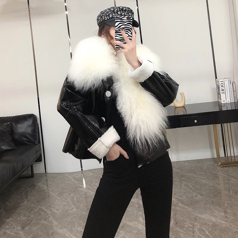 

Winter New Short PU Bright Leather Jacket Coat Lamb Fur Collar Lapel Locomotive Jackets Plus Velvet Thicken Warm Outwear