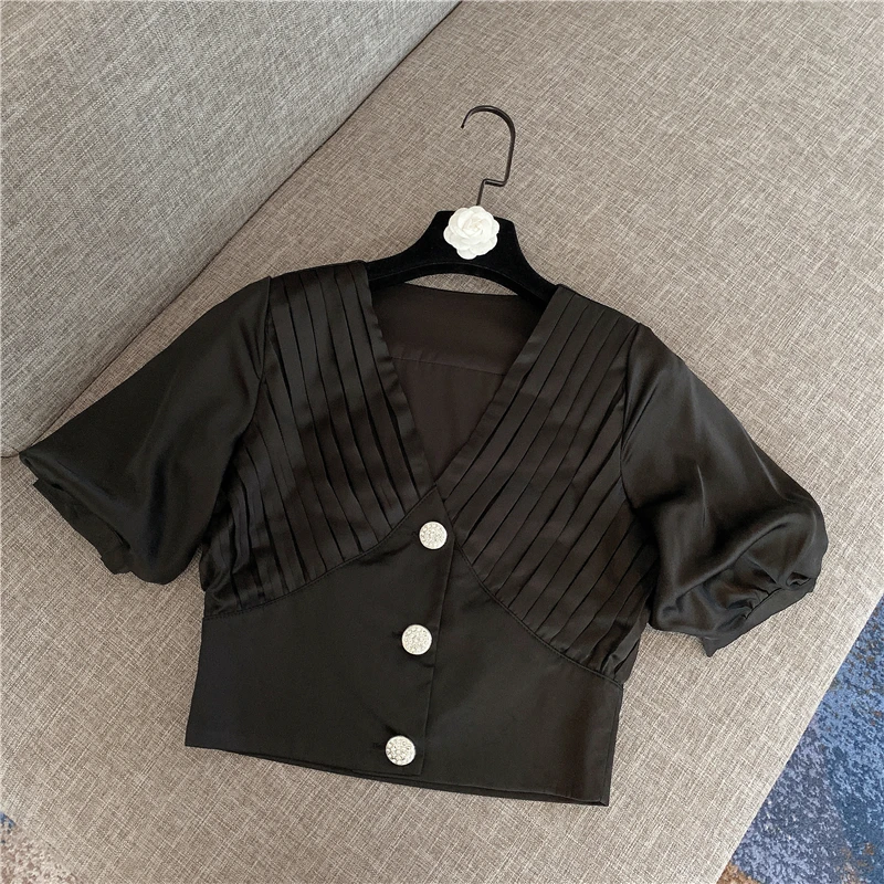 

New Women Clothes Spring Summer 2020 Sexy V Collar Water Drill Pleated Short Sleeve Chiffon Satin Shirt Short Tops Lady Blouses