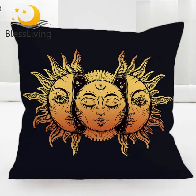 BlessLiving Crescent Moon Pilow Cover Stars Celestial Pillow Case Retro Boho Cushion Covers 45x54cm Yellow Black Kussenhoes 1
