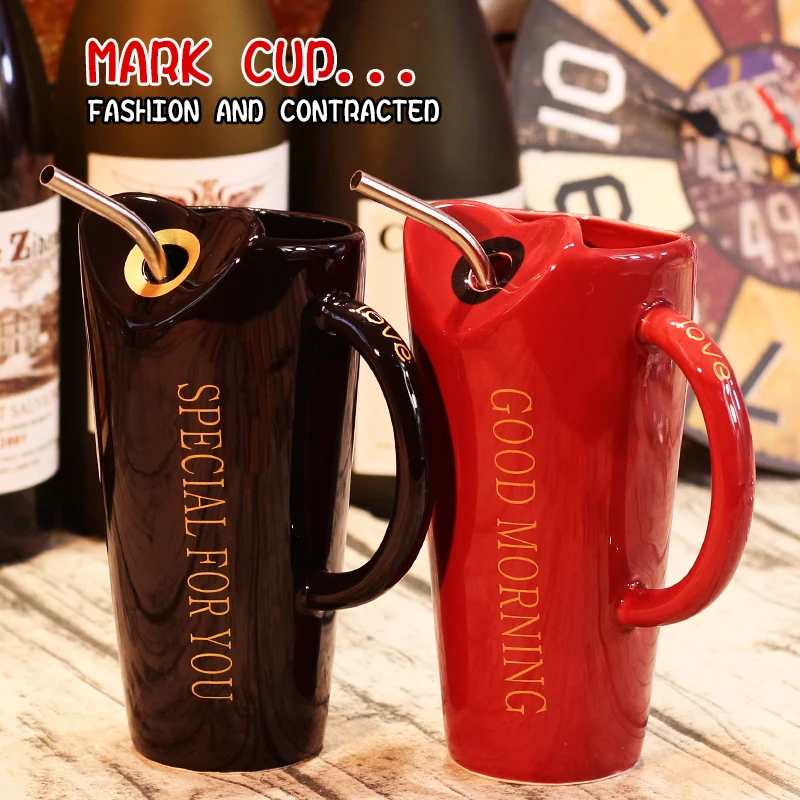 New Ins Creative Water Cup Large Capacity Spoon Pipet Ceramic Mug Simple Pair Bottle Shaker Coffe | Дом и сад