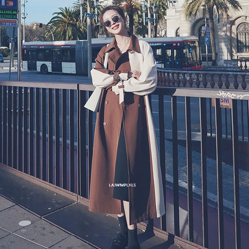 Женский винтажный Тренч Длинная ветровка контрастных цветов хаки и коричневого