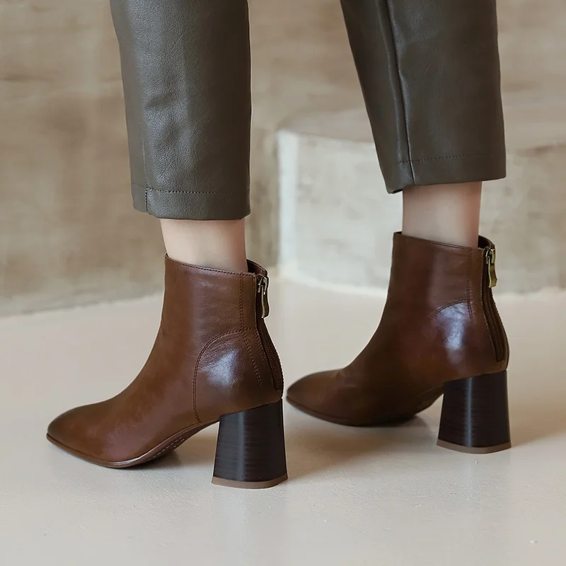 

New Fashion Square Toe Women Autumn Winter Ankle Boots Genuine Leather Side Zipper High Heels Women Pumps Newest Boots Size 43