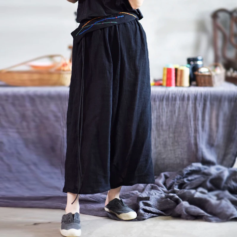 Женские винтажные широкие брюки Johnature с вышивкой в стиле пэчворк эластичной