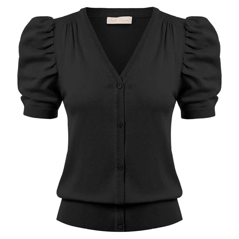 

BP Women's Tshirt Short Puff Sleeve Cardigan Knitwear Knitted Coat V-Neck Vintage Summer Slim Coat Soft Lady Elegant Tops