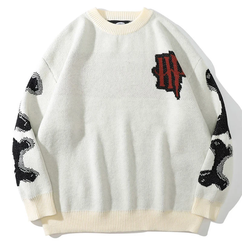 Мужской Жаккардовый свитер со скелетом винтажный Повседневный пуловер оверсайз