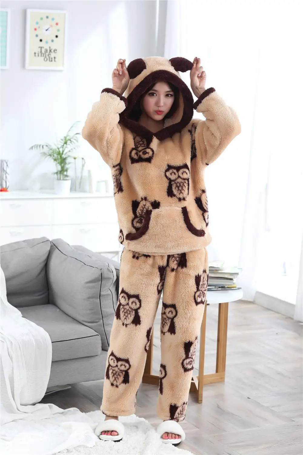 Женская зимняя Пижама пижамный комплект с принтом Совы и животных теплая