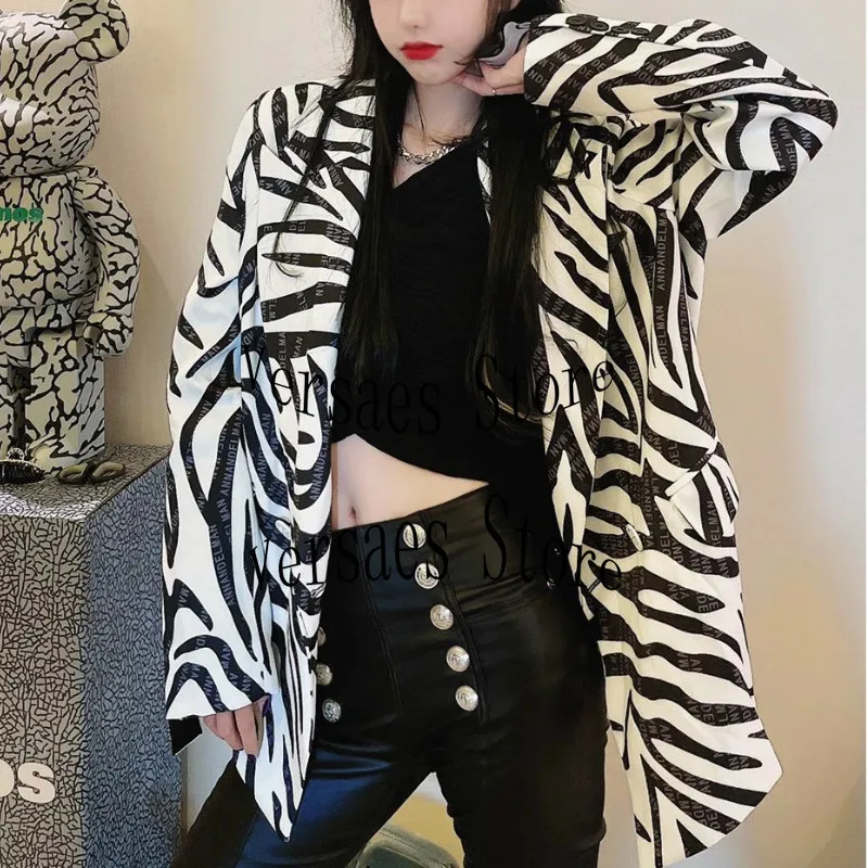 

luxury brand retro letter zebra print fashion women's top temperament trend shoulder pad versatile loose long sleeve suit coat