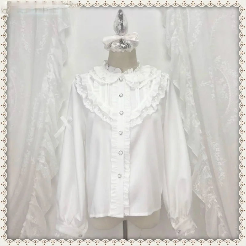 

Japanese Preppy Style Autumn Spring Women White Shirt Stand Collar Ruffles Femininos Blusas Cute Kawaii Sweet Lolita Girl Blouse