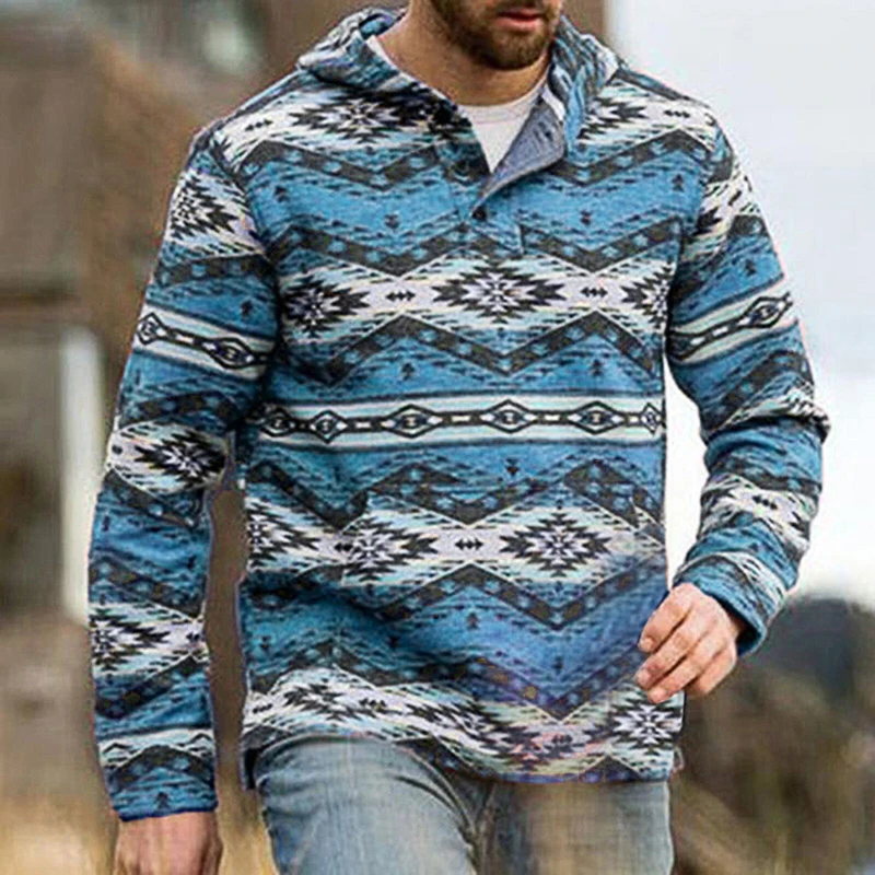 

Fashion New Men's Pocket Loose Top Pullover Spring Casual Long Sleeve Hooded sweatshirt Retro Diamond Printed Men's sweatshirt