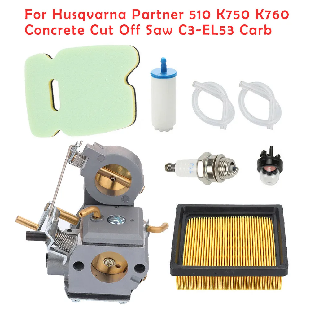 

8Pcs Carburetor For Husqvarna Partner 510 K750 K760 Concrete Cut Off Saw C3-EL53 Carb With Fuel Filter Spark Plug Tool Parts Set