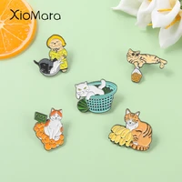 lazy kitties in box enamel pins catch fish oranges watermelon brooches cat lover hat backpack pin badge jewelry gift friend