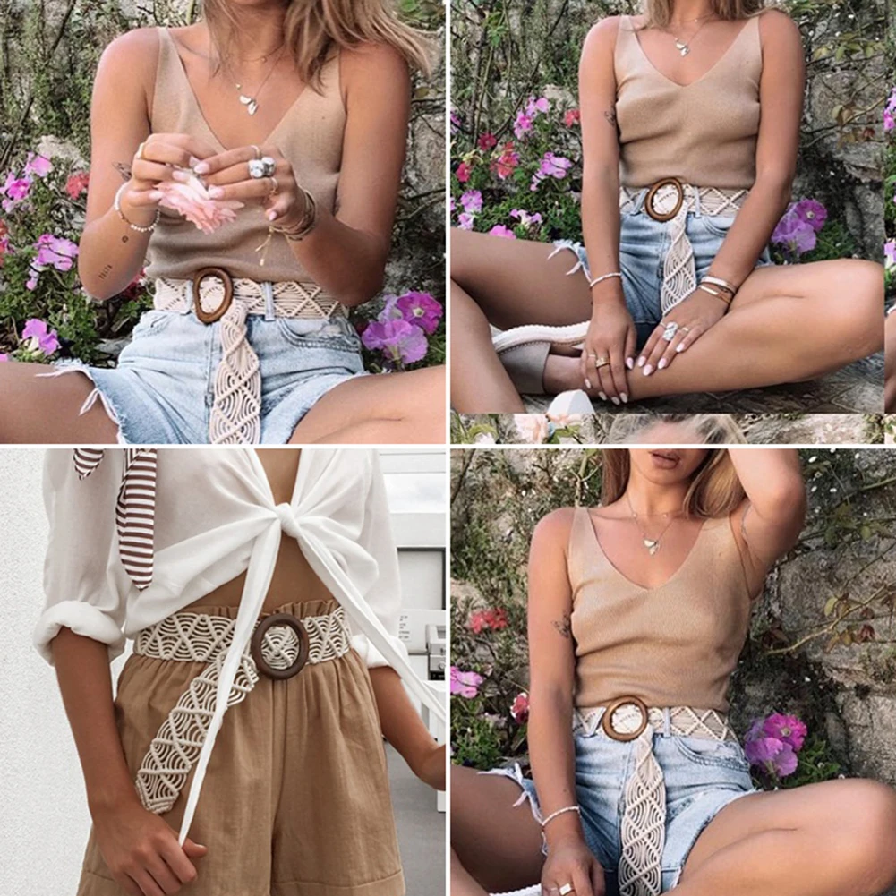 

Boho Style Wax Rope Knitted Belt Round Wooden Buckle Handmade Braided Female Belt Casual Khaki Belts For Women Solid Waist Belt