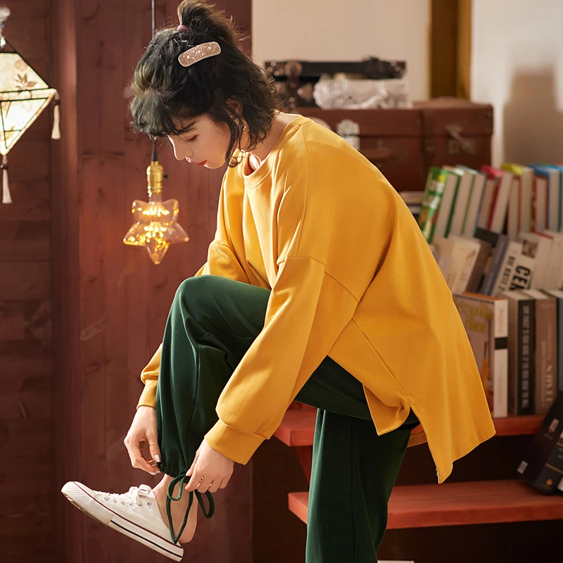 

Harajpee Sports Pajamas Long Sleeve Pajama Female Spring Autumn Two Piece Cotton Set Korean Version Casual Student Home Clothes