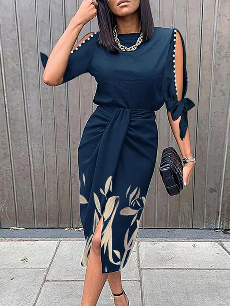 

Y2K Dresses For Women 2021 Leaf Print Half Sleeve ​Pearls Decor Knotted Work Midi Dress Bodycon Vestido Elegance Fem