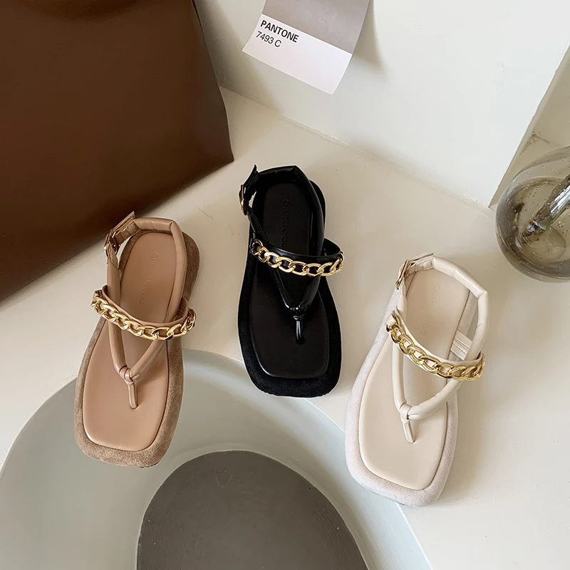 

Womens Khaki Flip Flops 2021 New Summer Shoes Woman Fashion Platform Slippers Women Casual Ladies Chain Slides Mid Heel Sandals