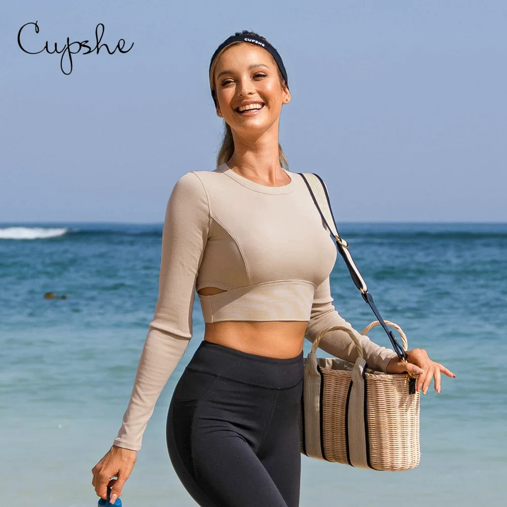 

УКОРОЧЕННЫЙ ТОП CUPSHE с длинным рукавом и вырезом для женщин, повседневный Коричневый Пуловер с О-образным вырезом и приталенной талией, весн...