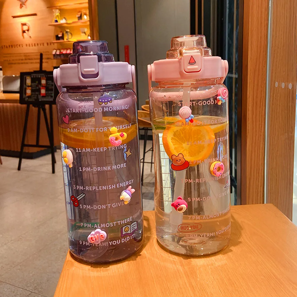 Portable Large Capacity 2L Sports Straw Water Bottle With Stickers Fitness Bike Cup Summer Student Drink Jug Time Marker | Дом и сад