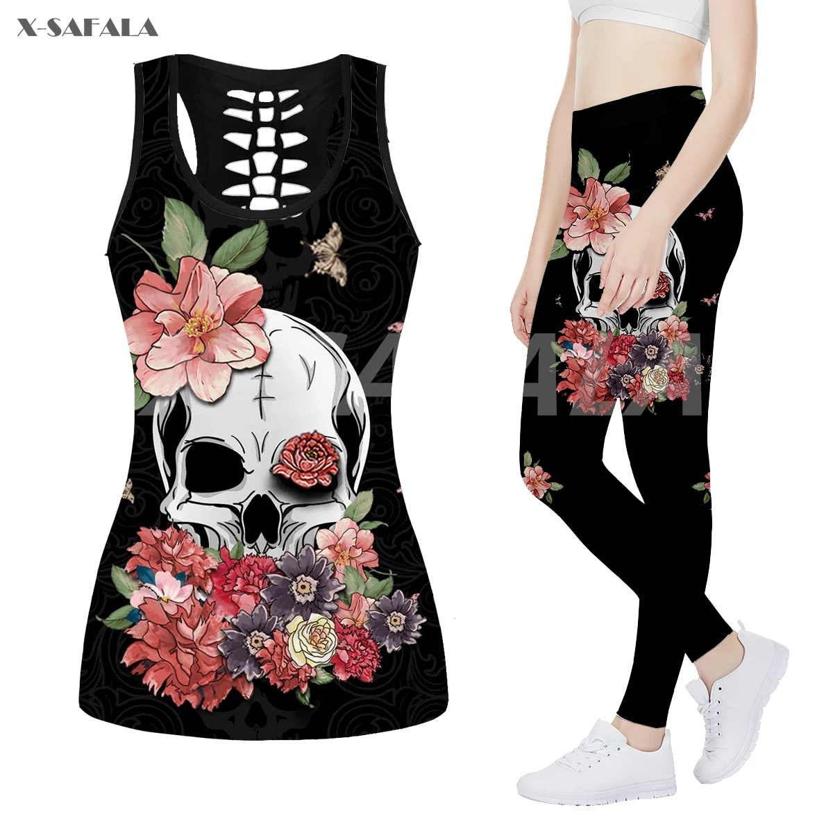 

Skull Dance Girl Flower 3D Printed Fitness Women Yoga Set 4 Hollow Tank Top Leggings Outfit High Waist Stretchy Sport Pants