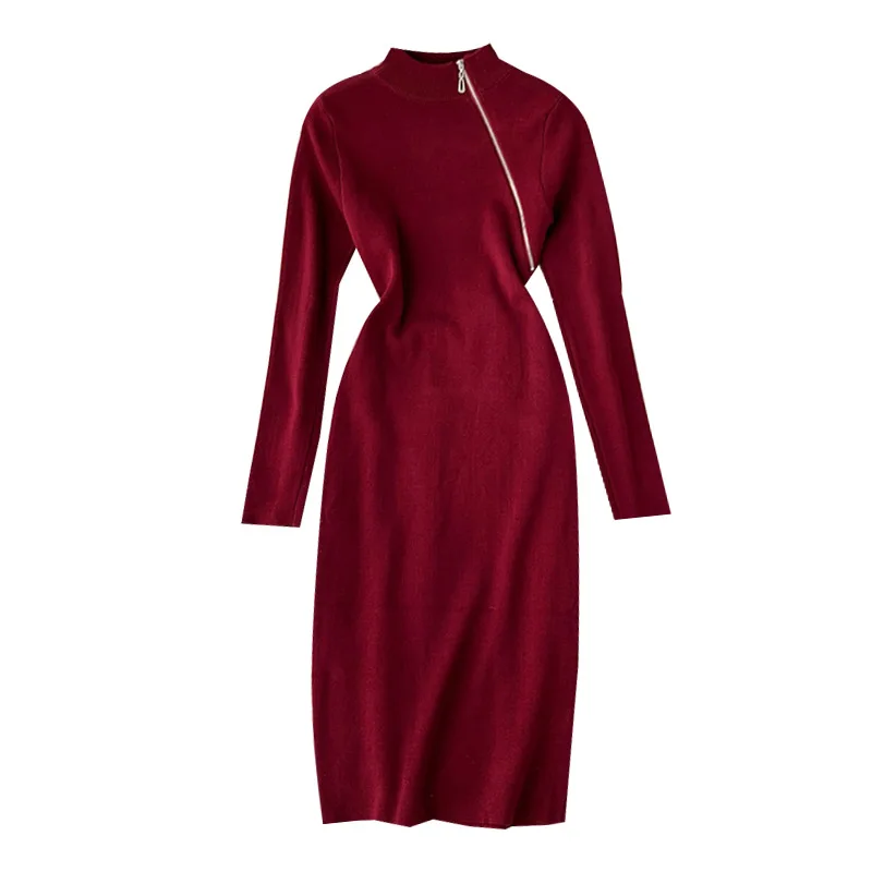 Осенне-зимнее женское платье-свитер с длинным рукавом эластичное трикотажное
