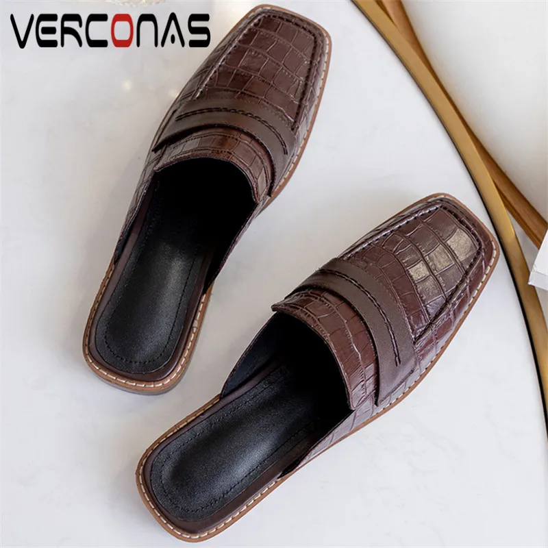

VERCONAS 2021 Mules Fashion Woman Pumps Woman Sandals Genuine Leather High Quality Summer Square Toe Square Heeled Shoes Woman