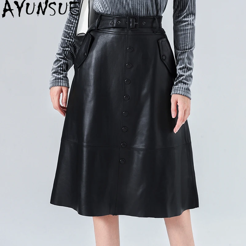 

AYUNSUE 100% Sheepskin Leather Skirt Women High Waist Skirt Korean Style Midi Woman Skirts Spring Autumn 2021 Jupe Femme LW4970