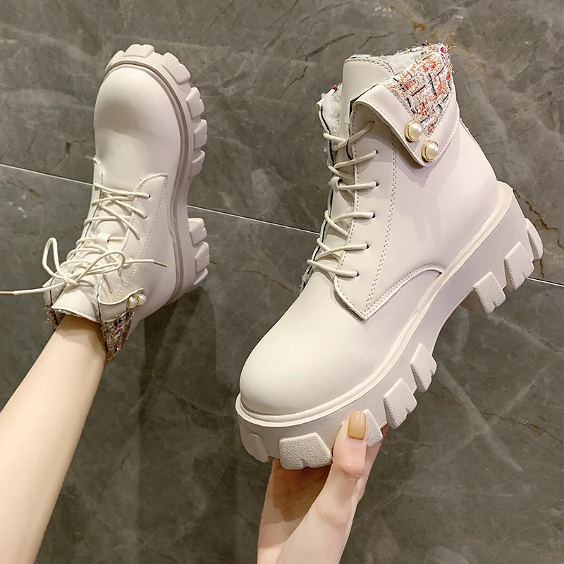 

Женские ботильоны на массивной платформе Rimocy, зимние теплые плюшевые ботинки из искусственной кожи на толстой подошве, со шнуровкой, женски...