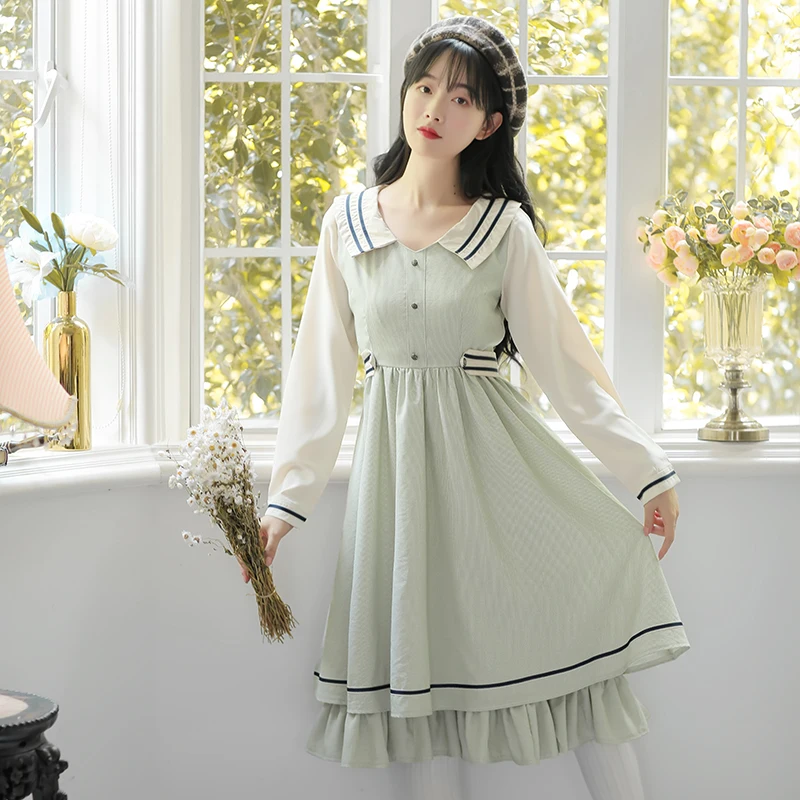 

Осеннее милое женское платье в винтажном стиле с высокой талией и матросским воротником, с длинным рукавом, в стиле пэчворк, ретро, женские п...