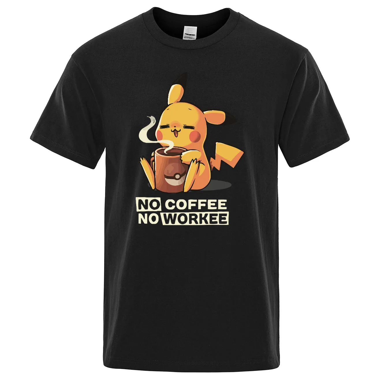 Футболки NO COFFEE NO WORKEE, Пикачу, футболка Pokemon, повседневные мужские футболки с круглым вырезом, Забавные футболки, черные мужские топы, брендовая одежда