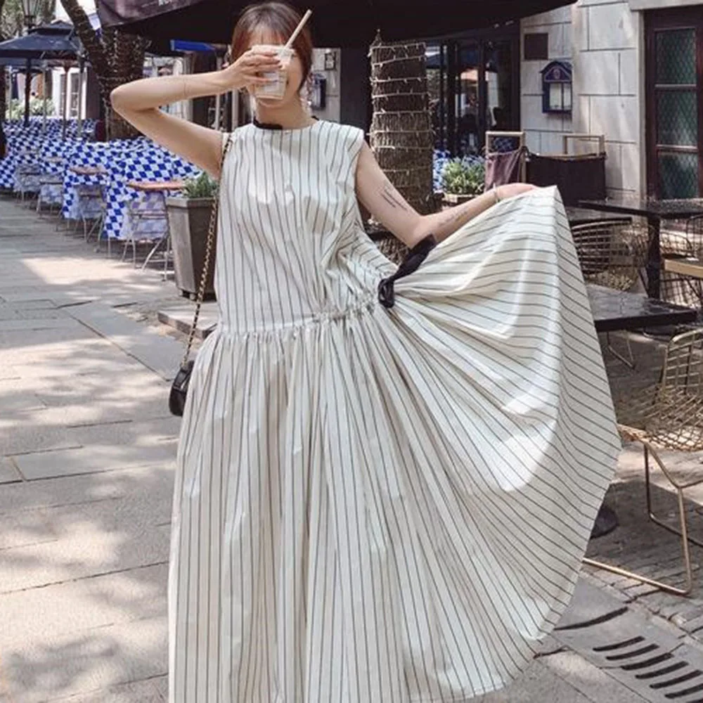 

Japan Kawaii Sleeveless Long Dresses Casual Summer White Striped A Line Pleated Cute Female Korea Style One Piece Maxi Belt
