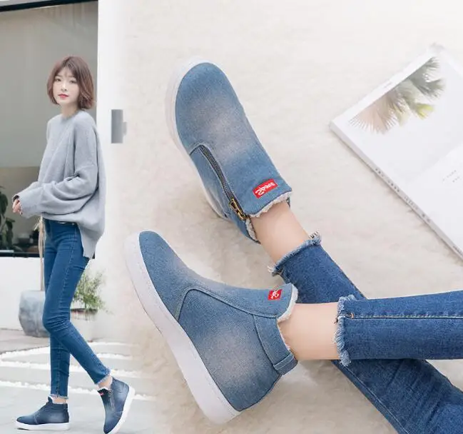 Женские ковбойские ботильоны синие теплые ботинки на платформе повседневная