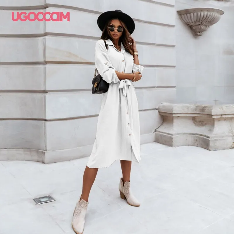 

UGOCCAM Women Dress Autumn Winter Long Sleeve Ladies Dresses Slim Casual A Line Midi Dress Vestidos Elegant Plus Size Dress 2020