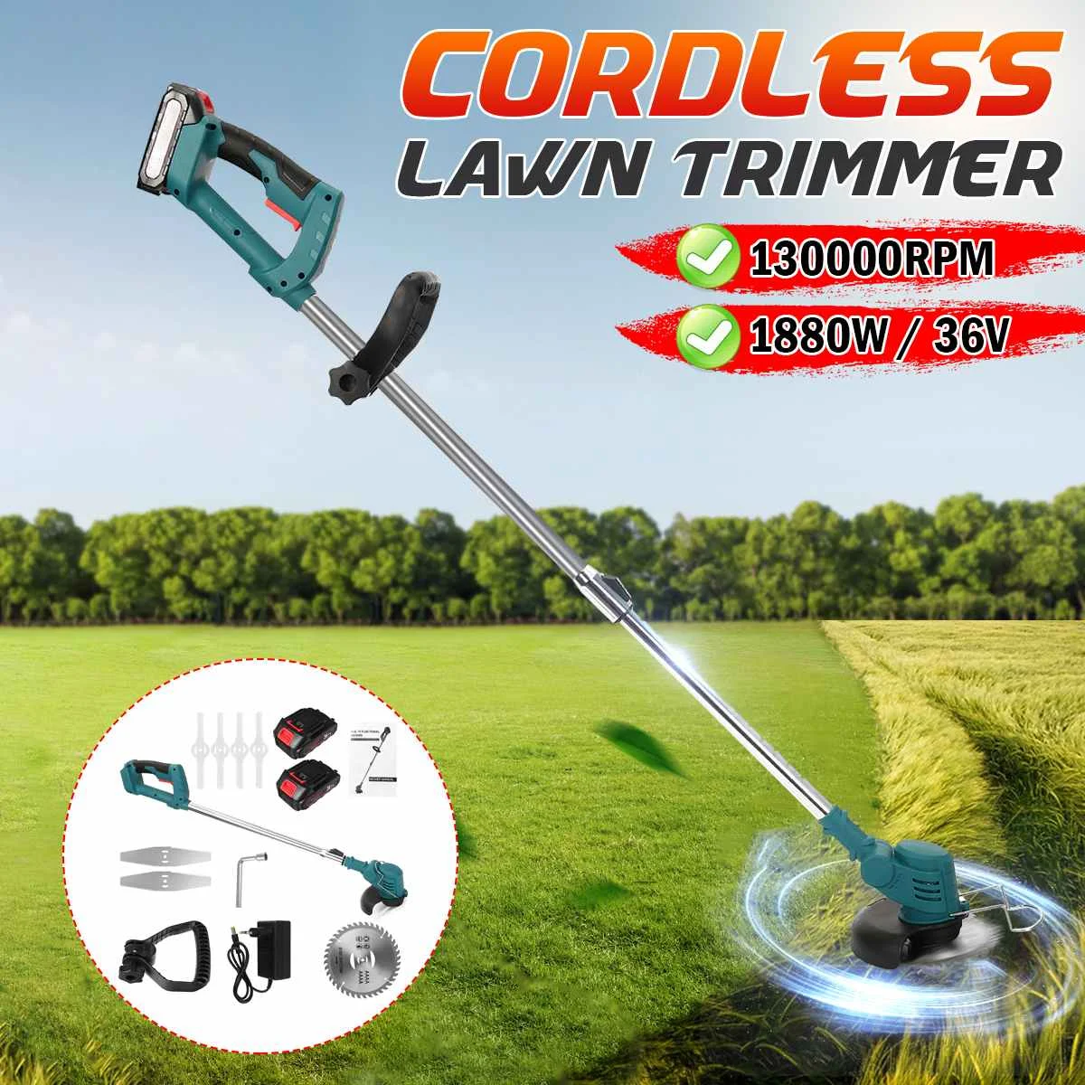 Wolike 1880W Electric Lawn Mower 36V Cordless Hedge Grass Trimmer Adjustable Handheld Mowing Machine Garden Power Tool 2 Battery