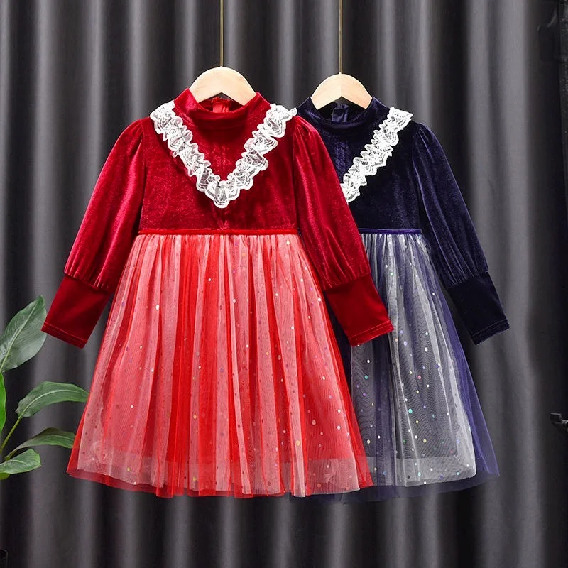 

Демисезонные кружевные платья для девочек, однотонные трапециевидные сетчатые трапециевидные платья до колен с блестками, детская одежда ...