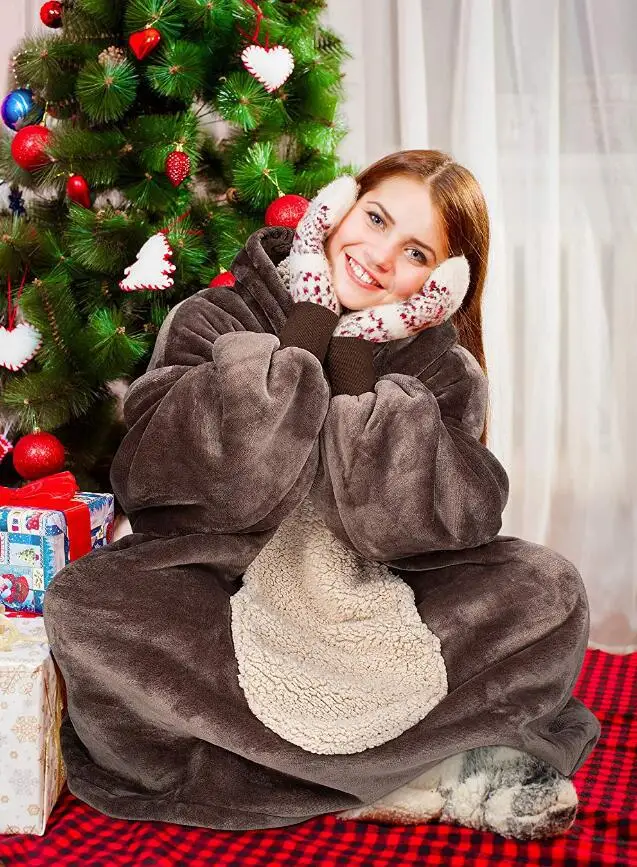 

Women Oversized Blanket Sweatshirt, Super Soft Wearable Sherpa Lining Hoodies with Animal Ears and Warm Front Pocket
