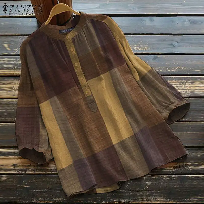 

ZANZEA Women Vintage Blouse Shirts 2021 Spring Autumn 3/4 Sleeve Plaid Tops Casual Loose Cotton Linen Oversized Blusa Femininas