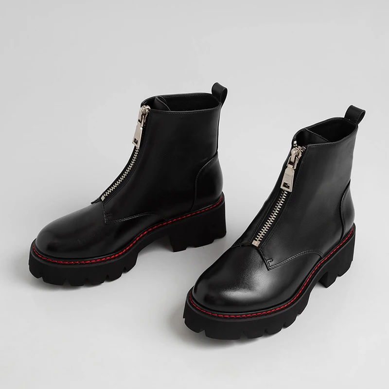 Женские ботинки; ботинки из натуральной кожи; черные ботинки Martens; женские ботильоны; мотоботы; зимняя обувь на платформе и толстом каблуке - Цвет: Черный