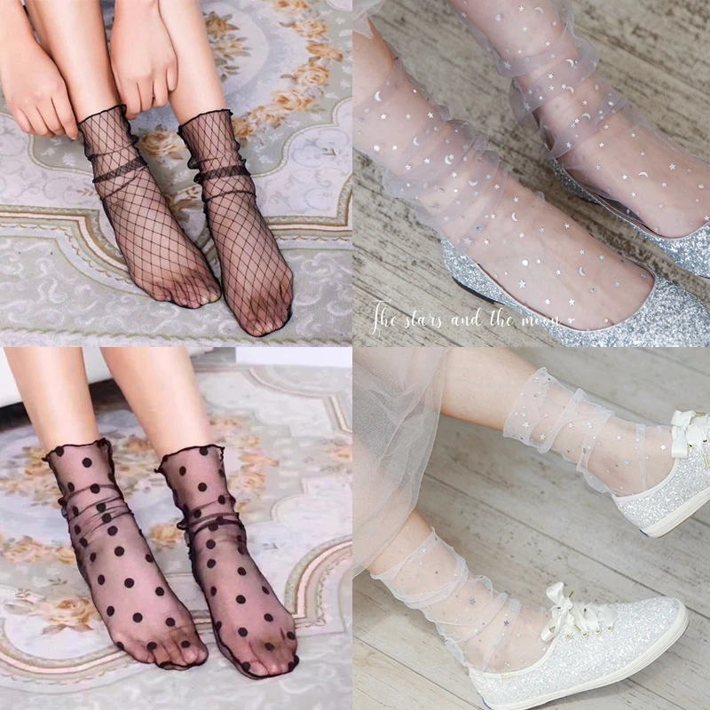 Ультратонкие прозрачные шелковые кружевные носки для девочек сетчатые женские с