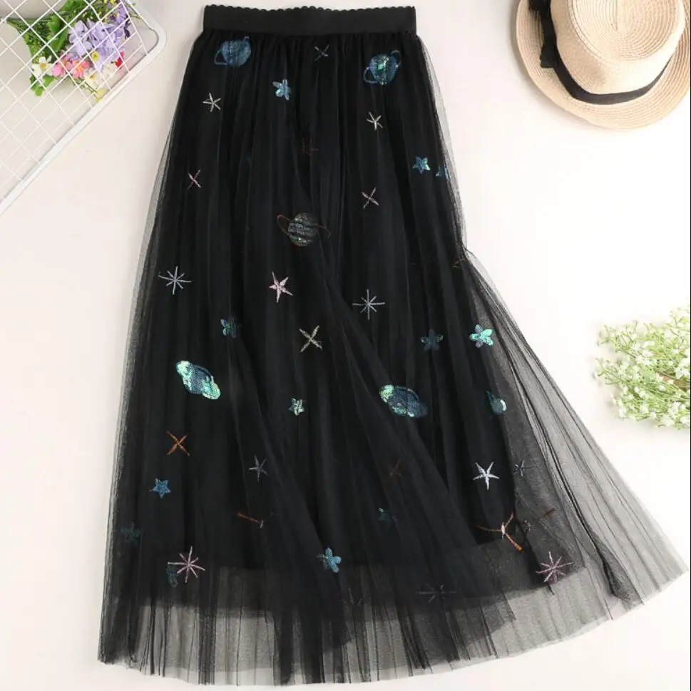 

2020 spring autumn mesh women high waist embroidered sequined mid a-line skirt