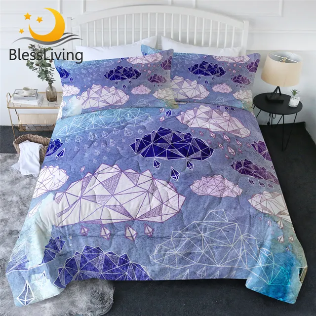 BlessLiving Cloud Summer Quilt Set Diamond Rain Comforter Geometric Watercolor Bed Cover Set Purple Blue Housse De Couette 3PCS 1