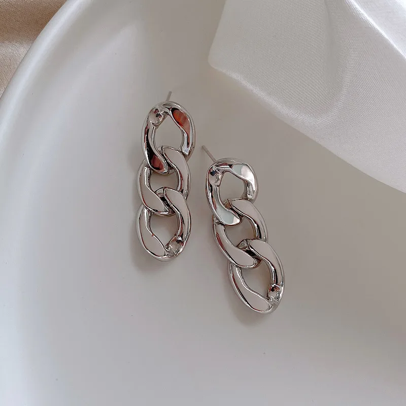 

2021 new `Korea Cuba Bright Gold Color Exaggerated Metal Chain Drop Earring Retro Punk Chain Earrings Vintage Jewelry
