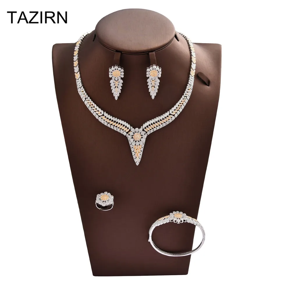 

CZ Turkish Jewelry Sets Cubic Zirconia 4 Pcs Necklace Bracelet Earrings Rings Full Bridal Jewelry Sets for Wedding Party Prom